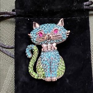 Sparkling Blue & Green Cat Brooch - Crystal Encrusted Cat Pin